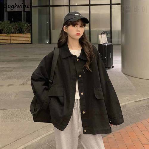 Women Single Breasted Basic Jackets Solid Black Simple Retro All-match Wind-proof Korean Style Outwear Fashion Lady Student Hot