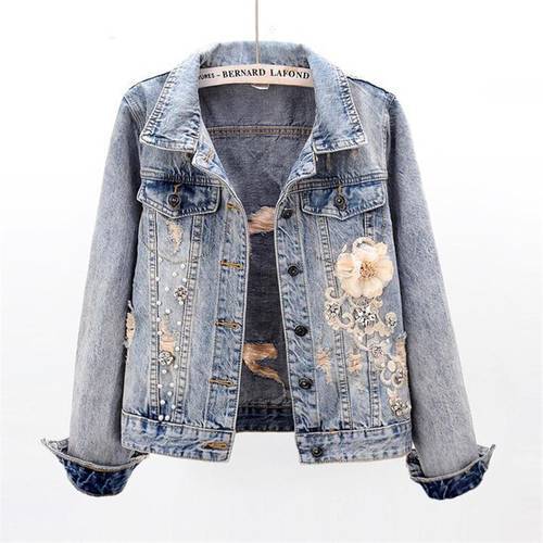 2021 New Autumn Women’s Denim Jacket Long Sleeve Overcoat Loose Three-dimensional Button Pearls Outwear Ripped Jeans Jackets