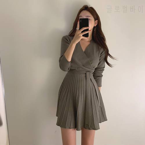 Vintage Fashion V-neck Lace Up Knitted Dresses for Women Full Sleeve Office Ladies A Line Sweater Dress Female Knitting Vestidos