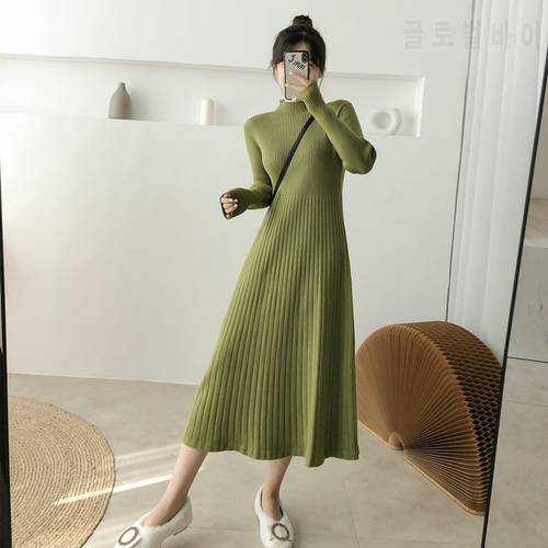 Korean Elegant Half Turtleneck Ladies A-line Sweater Midi Dresses for Women Long Sleeve Slim Waist Knitted Vestidos Winter 2021