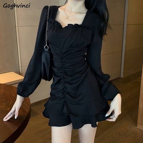 Pleated Long Sleeve Dresses Women Black Mini Length Square Collar Vintage Chic High Waist Girls Retro Vestidos Korean Mujer New