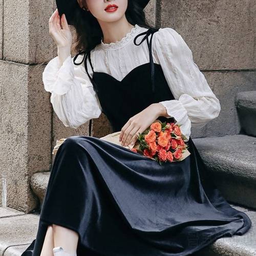 Black Velvet Dress Women Casual Long Sleeve Vintage Midi Dress Bandage Design 2021 Autumn Evening Party One Piece Dress Korean