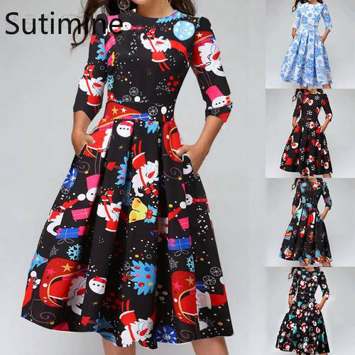 Spring Dress 2022 Elegant Dresses for Women Knee Length O-Neck Women&39s dressr Party Dresses Father Christmas Printing