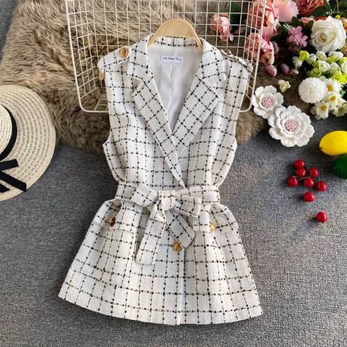 Mid-length Tweed Suit Collar Vest Women 2022 Spring and Autumn New Sleeveless Jacket Suit Trend Fashion Woman Blazer