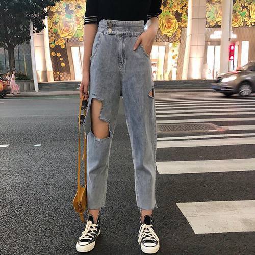 Women&39s straight high street torn hole jeans women&39s high waist women&39s casual loose oversized hole large size straight jeans