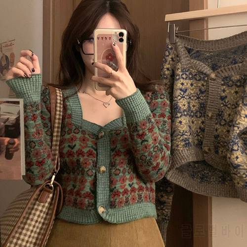 Autumn Sexy Retro Square Floral Cropped Cardigan Knitted Top Slim Pull Femme Jumpers Single-breasted Jacquard Sweater Coat