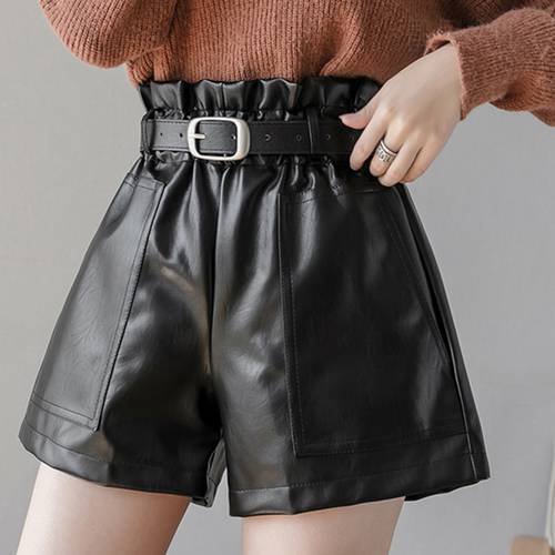 Pantalones Cortos De Mujer Shorts Fall 2021 Black Khaki PU Leather Women Winter Fashion High Waist Wide Leg Biker Shorts Sashes