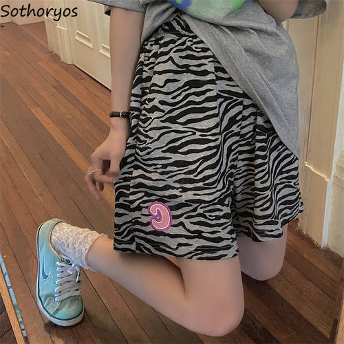 Women Shorts Zebra Stripes Wide Leg Leisure Fashionable Hipsters High Street Teens Embroidery Chic Harajuku Retro Lovely Sweet