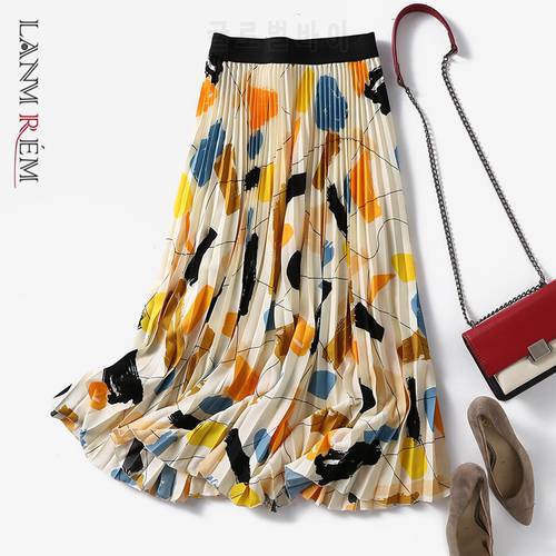 LANMREM High Waist Elastic Oil Painting Printed Pleated A-line Skirt 2023 Spring New Women&39s Fashion 2W1571