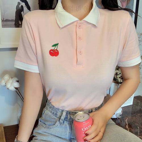 Sweet Cute Girls POLO Shirt Female Fashion Embroidered Short Sleeve T-shirt Women Korean Loose School Tops