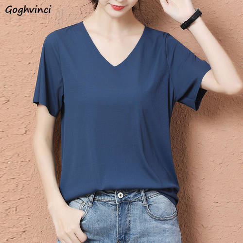 T-shirt Women Breathable Basic Style Fashion Vegan Casual Lady Loose Simple Elegant All-match Multicolor V-neck Cool Sweet Ins