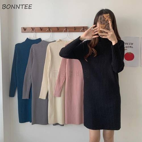 Long Sleeve Dresses Women Knitting Autumn New Knee-length Solid Friends Basic Simple Elasticity Vestidos Mujer 90&39s Warm Fashion