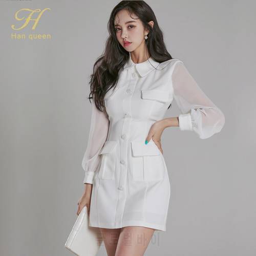 H Han Queen 2021 Autumn New Korean Thin Stitching Single-breasted Shirt Dresses White Pocket Office Sheath Pencil Mini Dress