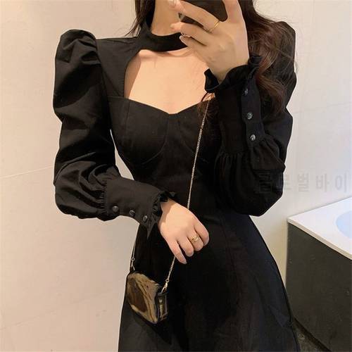 Korean Fashion Long Sleeve Elegant Y2k Mini Dress Women Party 2021 Winter Black Vintage Dress Design Pure Color Dress Female