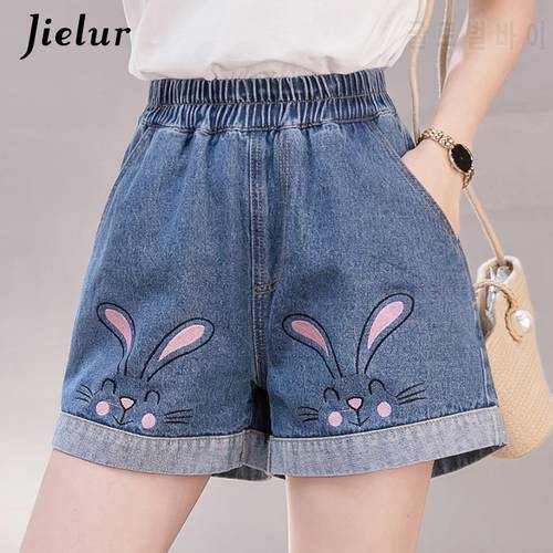 Jielur High Waist A-line Rabbit Pattern Hot Shorts for Women Loose Cute Embroidery Denim Shorts Women Korean Style Jeans Blue