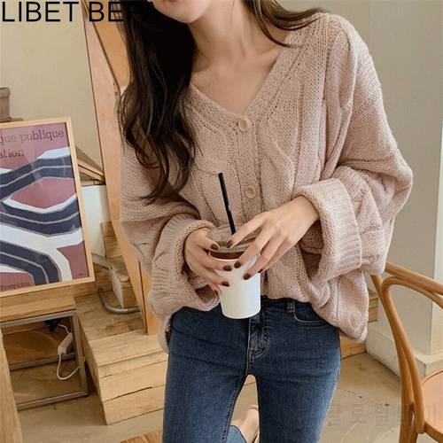 New 2020 Women&39s Sweaters Autumn Winter V-Neck Buttons Short Cardigans Korean Vintage Knitwears Oversize Wild Lady Top SWC8136