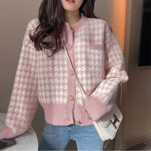 O Neck Pink Houndstooth Knitted Cardigan Autumn Fashion Sweet Retro Pull Faux Mink Cashmere Short Sweater Coat Top Lady Fashion