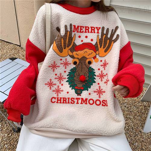 Christmas Women&39s Sweatshirt Casual O-Neck Pullovers Sudaderas Para Mujer Loose Warm Thicken Lamb Wool Winter Clothes Women