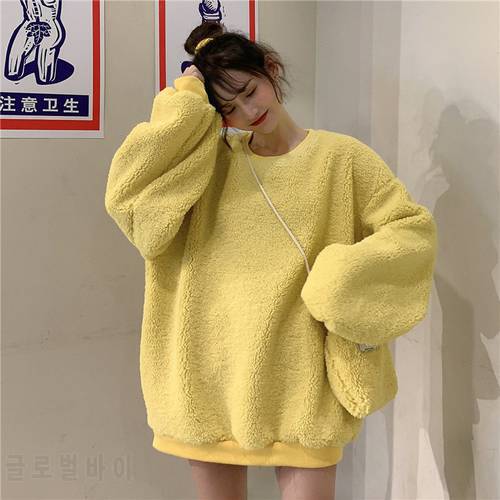 Kawaii Clothes Women Sweetshirts Solid Casual Pullovers Loose Long Sleeve Top Korean Fashion Autumn O-Neck Oversized Hoodie