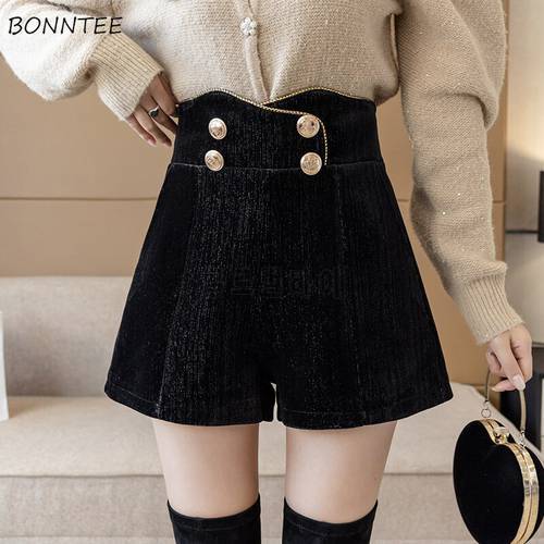 Women Shorts Bright Cozy Fabrics Double Breasted Vintage Retro High Waist Zipper Wide-leg French Style Chic Trousers Winter Ins