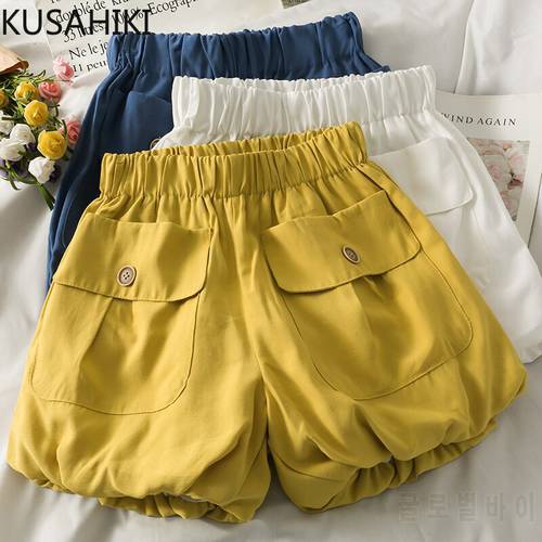 KUSAHIKI Summer Causal Woman Shorts 2021 New Korean Stretch High Waist Bottoms Solid Pockets Hot Short Feminimos 6K133
