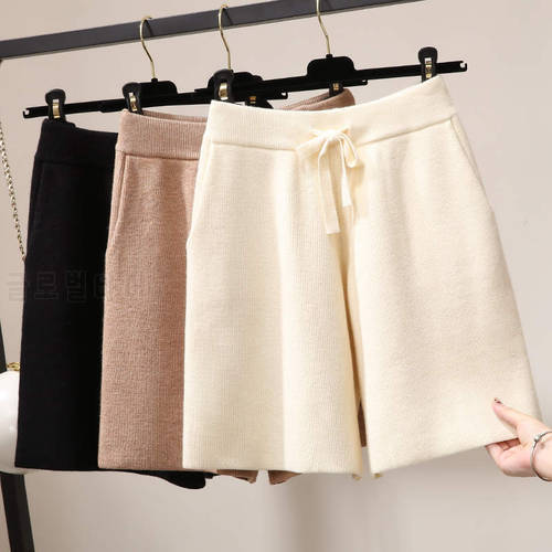 Women&39s Knitted Shorts For Autumn Winter Lace Up A-Line Wide-Leg Shorts Women Thicken Warm Stretch Straight Ladies Shorts C7800