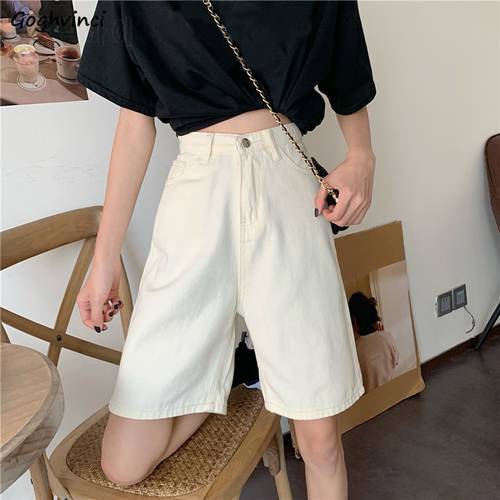 Women Shorts Denim Loose Slim Straight Solid Simple High Waist Knee Length Students Casual All-match Daily Comfortable Retro