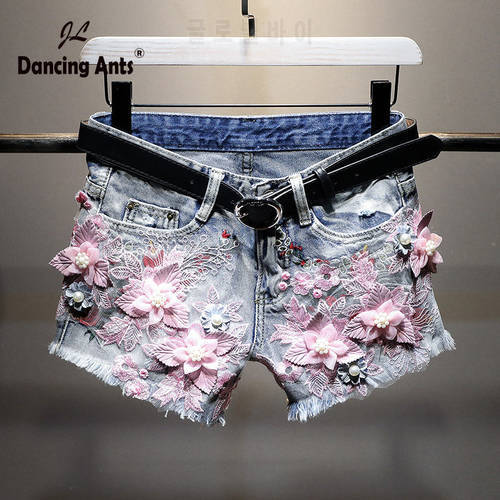 Women Jeans Skirt Shorts Feminino Denim Flowers Print Leg-openings Pearls Rivet Zipper Shorts with Pockets Dropshopping