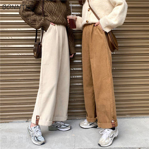 Pants Women Casual Elastic Waist Pockets Chic Corduroy Straight All-match Solid Flat Harajuku Pant Trousers Aesthetic Thicker