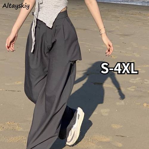Pants Women S-4XL Loose Wide Leg Trouser High Waist Solid Pocket Trendy Boyfriend Full-length Streetwear Ins Hollow Out Summer