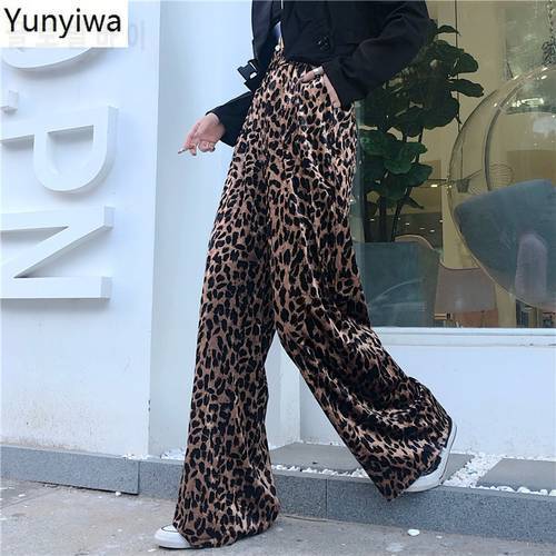 Ins Retro Harajuku Styke Leopard Wide Leg Pants Loose Bf Casual High Waist Hip Trousers Autumn Winter Outwear Pantalone