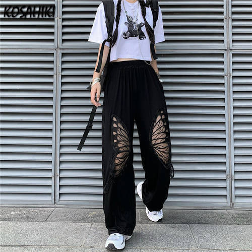 KOSAHIKI Casual Pants Women Harajuku Butterfly Hollow Out Trousers Solid 2023 High Waist Baggy Teens Chic Pant Mujer All-match