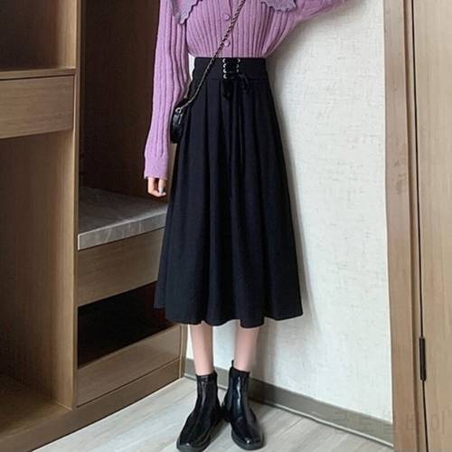 High Waist Skirts Women Harajuku 2021 Vintage A-line Lace Up Midi Long Skirt Ladies Solid Color Pleated Autumn Skirt Female