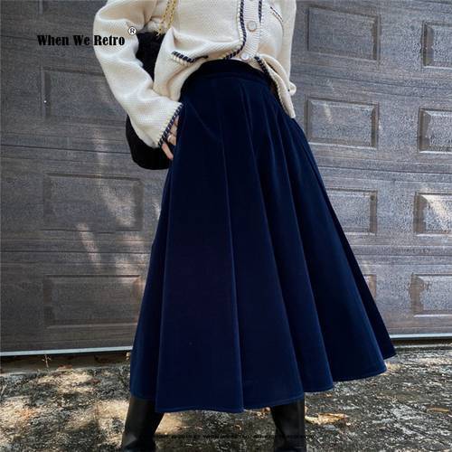 2022 New Arrival Women Autumn Winter Skirt Black Blue Coffee A Line Retro Vintage Long Midi Velvet Skirt SS0032