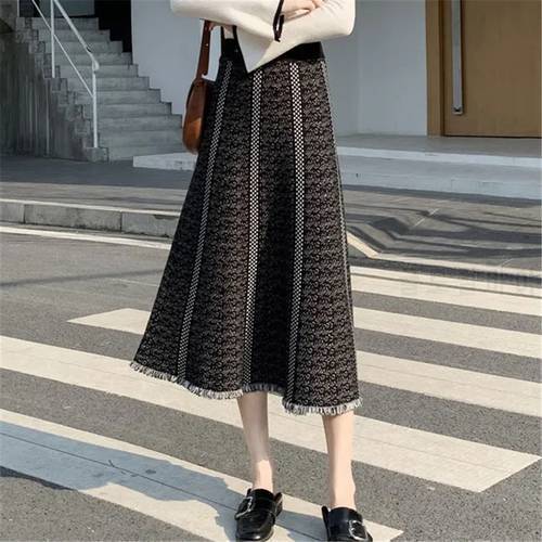Solid Color Simple Knitted Skirt Women&39S Stretch High Waist Sweater Long Pleated Skirts 2021 Korean Wild Autumn Winter A-Line