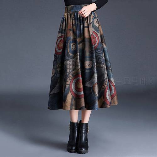 Fashion High Waist Woolen Print Pleated Skirt Women Plus Size Vintage Thick Midi Skirt Female Faldas Big Swing Wool Long Skirts
