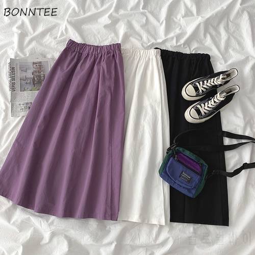Skirts Women Simple Mid-Calf Schoolgirls Korean Style Pure Cotton All-match Ins Elastic Waist A-Line Leisure Chic Newly Solid