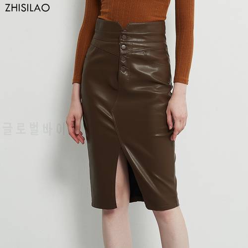 ZHISILAO Pu Leather High-waisted Skirt Women 2021 Autumn Jupe Femme Elegant Bodycon Pencil Skirt Midi Korean Style