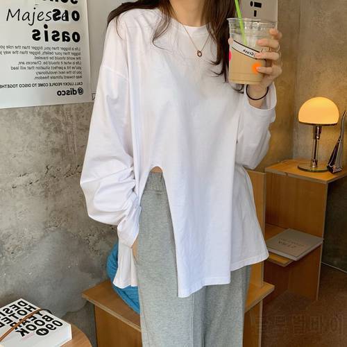 T-shirts Women Loose Cotton Slit Design O-Neck White Long Sleeve Basic Tees Harajuku All-match Simple Retro Korean Style Tops
