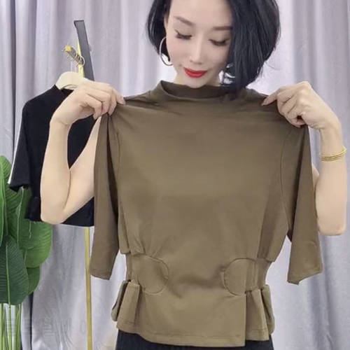 Women&39s Cotton Waist-Tight Mid-Sleeve T-shirt Autumn Top
