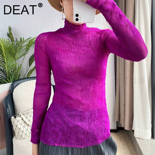 DEAT Women Pleated T Shirt Turtleneck Half Sleeve Causal Style Elastic Skinny Thin Crimping Tops 2023 Autumn Fashion 15AK565
