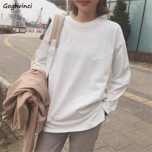 T-shirts Long Sleeve Women Solid Loose White Black Soft Couple Simple O-Neck Womens Tops Trendy Funny T Shirt Ulzzang Clothing
