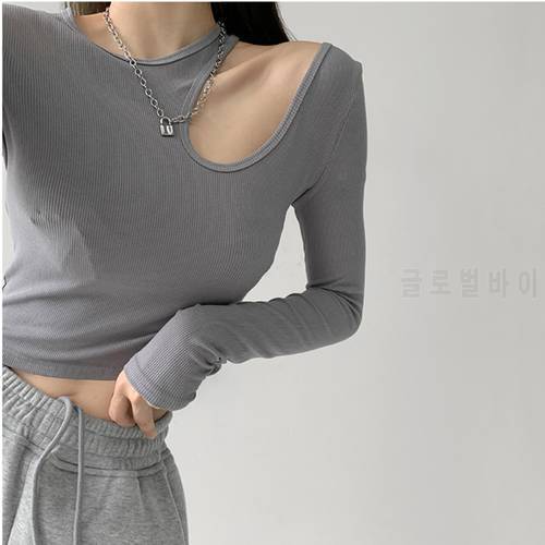 TVVOVVIN Solid Color Hollow Out Long Sleeve Bottomed Tops Female Autumn Crew Neck Off Shoulder Skinny T-shirt Women BFBM