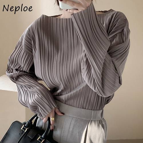 Neploe Korean Autumn Simple O-neck Pullover Shirts Solid Color Chic Pleated Women Blouse All-match Long Sleeve Femme Blusas