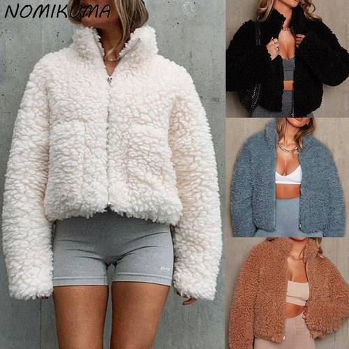 Nomikuma 2021 Autumn Winter Short Jacket Women Zipper Turtleneck Lamb Wool Coat Korean Fashion Long Sleeve Outwear Tops 6N163