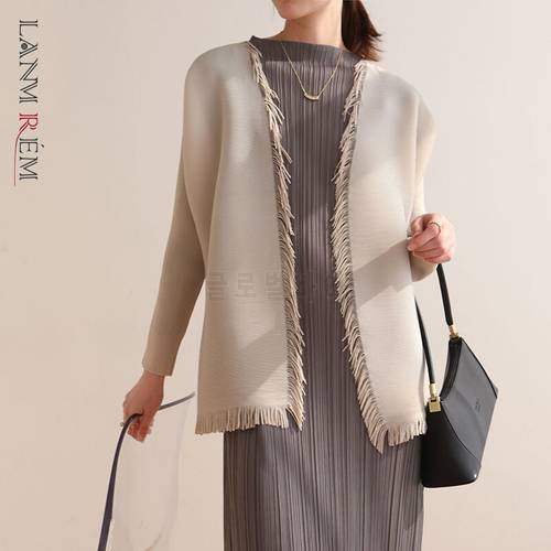 LANMREM 2023 Spring New Pleated Tassel Shawl Coat Female Long Sleeve Solid Color Cardigan Top Women Fashion Clothing 2W057