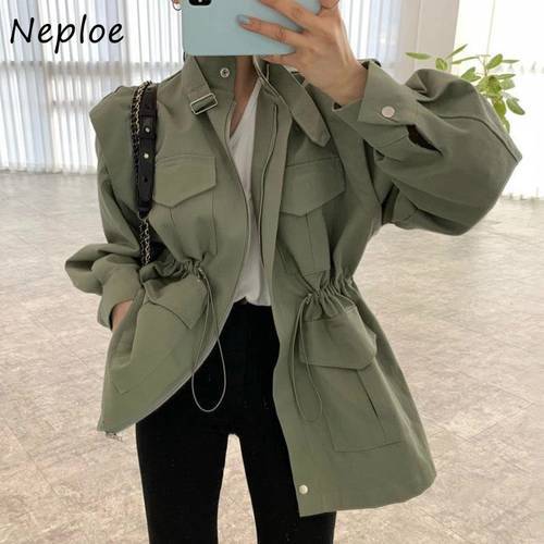 Neploe Korean Chic Tooling Solid Jacket Women Stand Collar Long Sleeve Zipper Coat Femme Pocket Design Slim Waist Clothes Femme