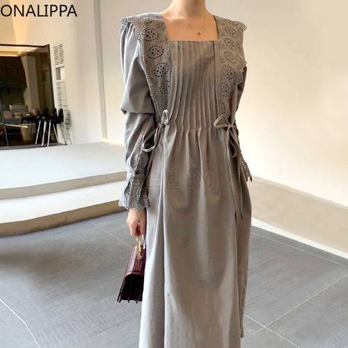 ONALIPPA Female Flared Sleeve Dress 2021 Autumn Retro Elegant Square Collar Lace Hollow Stitching Pleated Waist Slimming Vestido