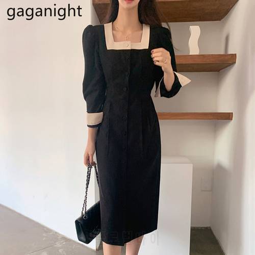 Gaganight Elegant Women Patchwork Bodycon Dress Long Sleeves Single Breasted Chic Korean Fashion Vestidos 2021 New Robe Femme