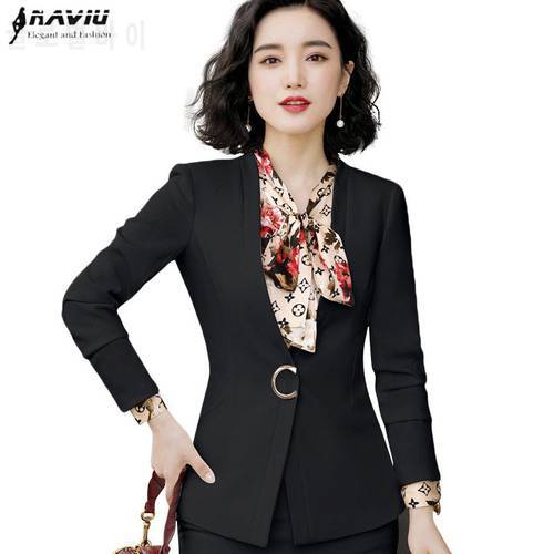 Naviu New Fashion Woman Blazers Formal Long Sleeve V Neck Outerwear For Office Ladies Jackets Black and White Coat